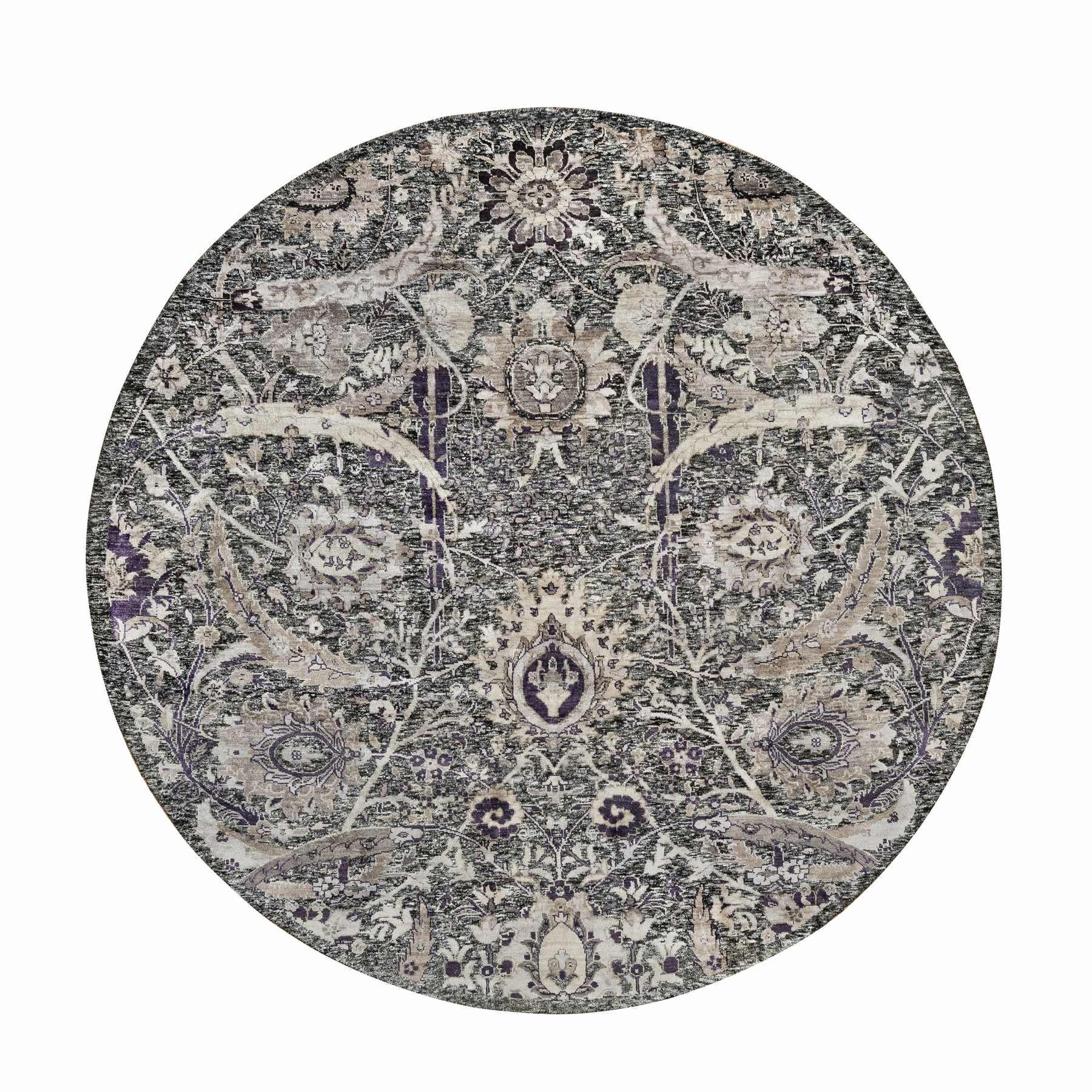 8'x8' Charcoal Black, Hand Knotted With Essence Of Black, Sickle Leaf Design, Plush and Lush, Wool and Silk, Borderless Round Oriental Rug 